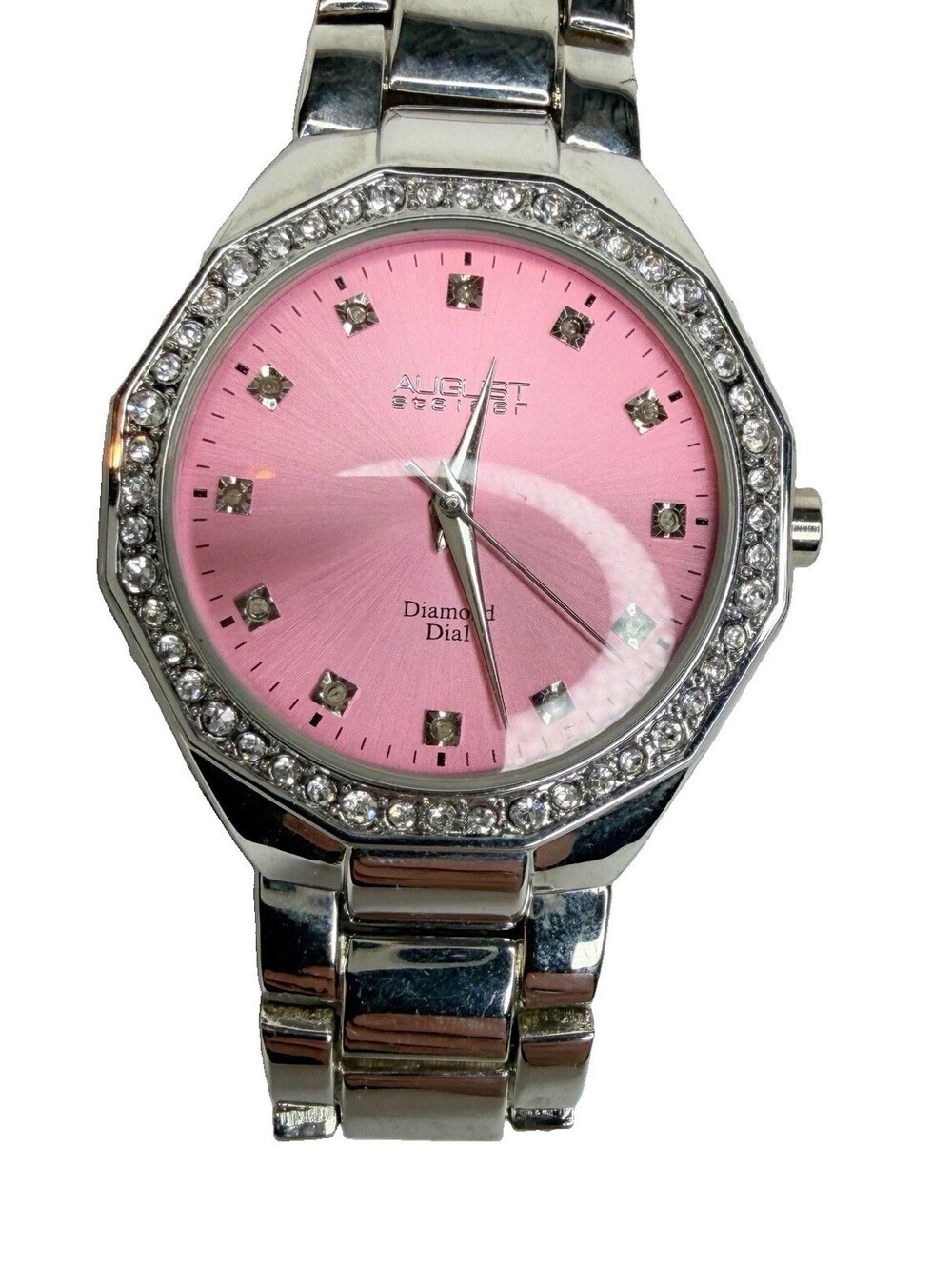 August Steiner AS8044PK Women's Watch Pink Diamond Dial Silver Crystal Bezel